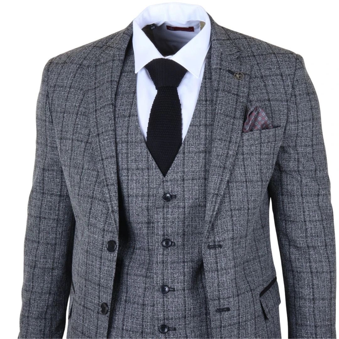 IM11 - Men's Charcoal 3 Piece Tailored Fit Check Suit
