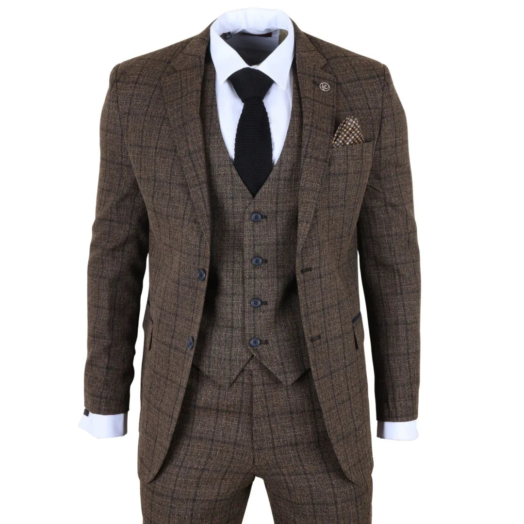IM11 - Men's Dark Brown 3 Piece Plaid Check Suit