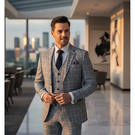 IM11 - Men's Light Blue 3 Piece Plaid Check Suit