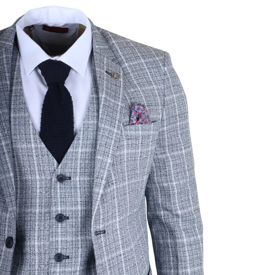 IM11 - Men's Light Blue 3 Piece Plaid Check Suit