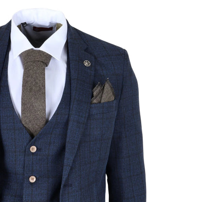 IM11 - Men's Navy 3 Piece Plaid Check Suit