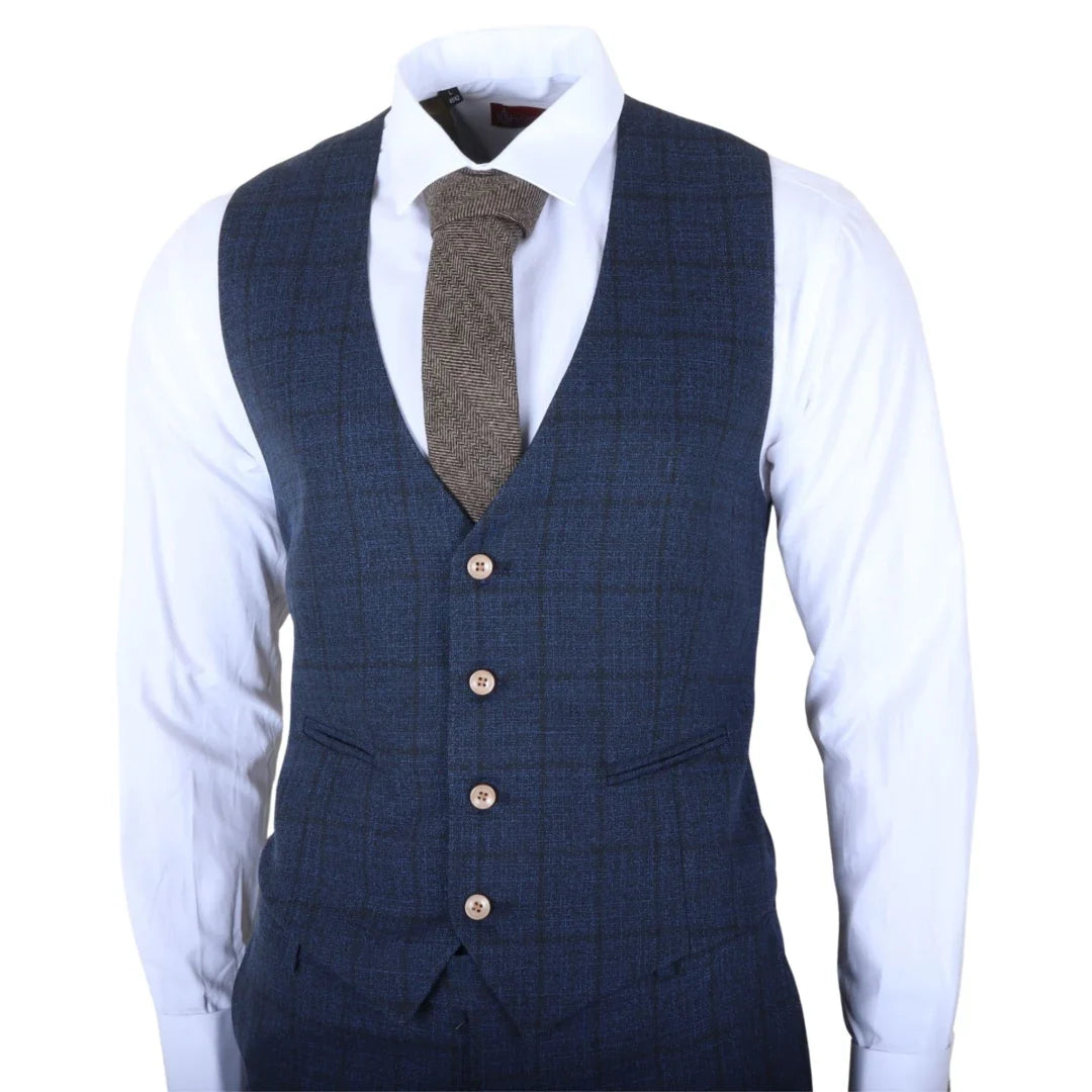 IM11 - Men's Navy 3 Piece Plaid Check Suit
