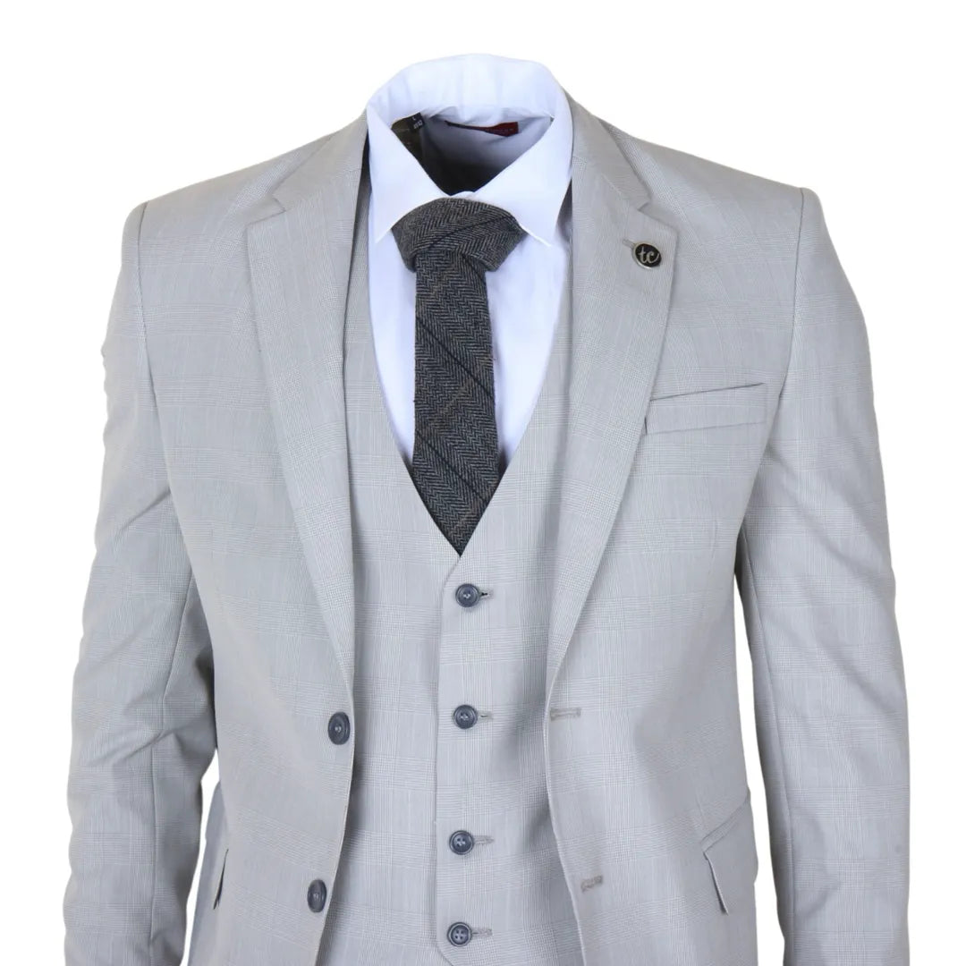 IM31 - Men's Grey 3 Piece Prince Of Wales Check Suit