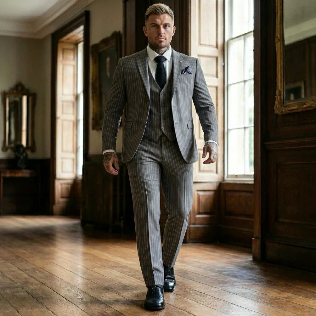 IM44 - Men's Classic Pinstripe 3 Piece Grey Suit