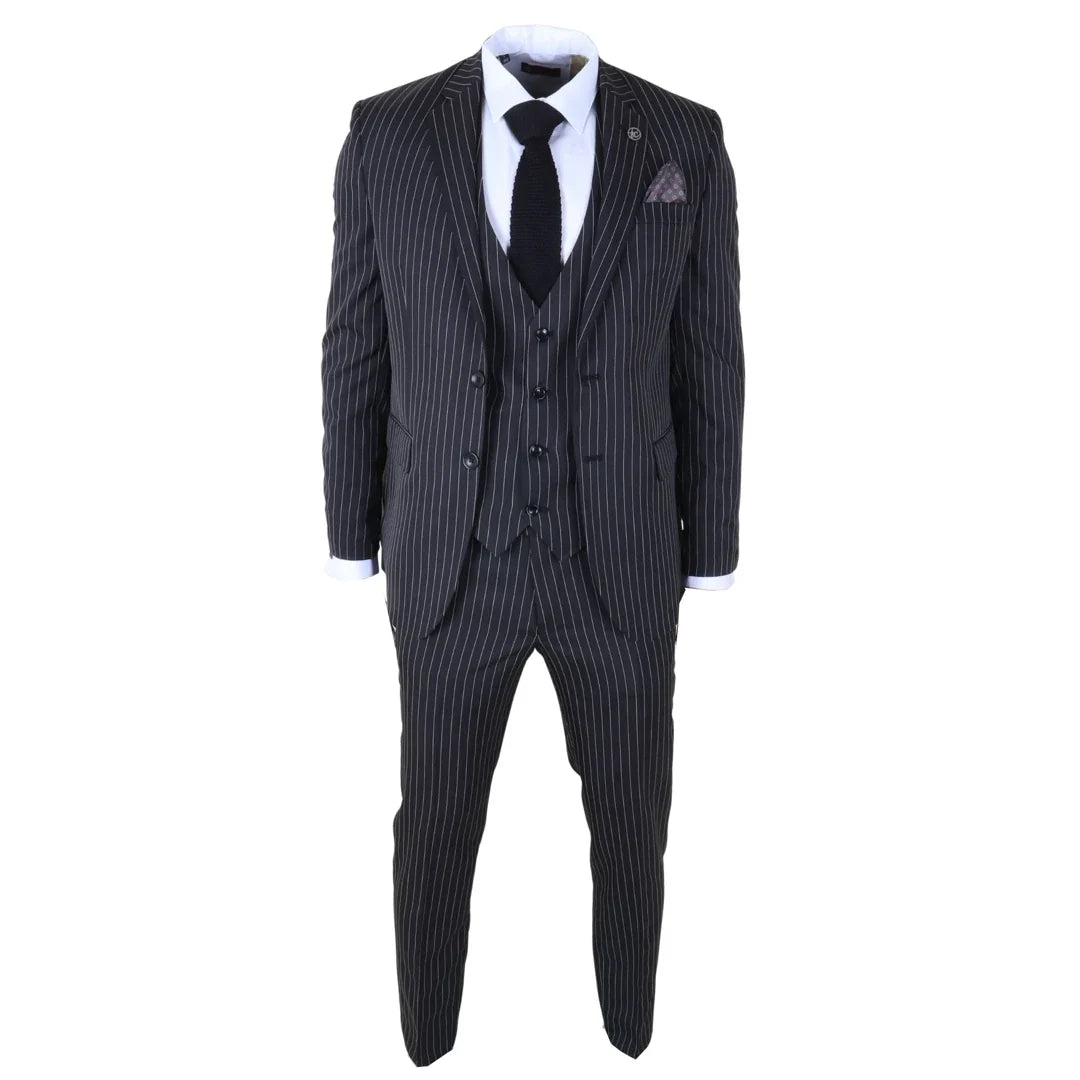 IM45 - Men's Classic Pinstripe 3 Piece Black Suit