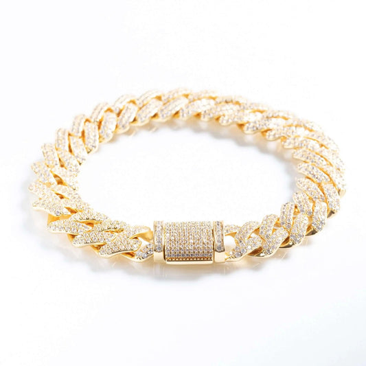 12mm Iced Prong Cuban Link Bracelet - Gold