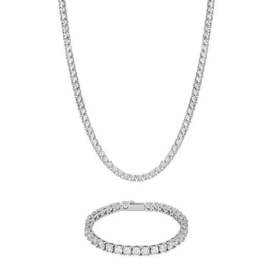 5mm Tennis Chain + Bracelet Set - White Gold