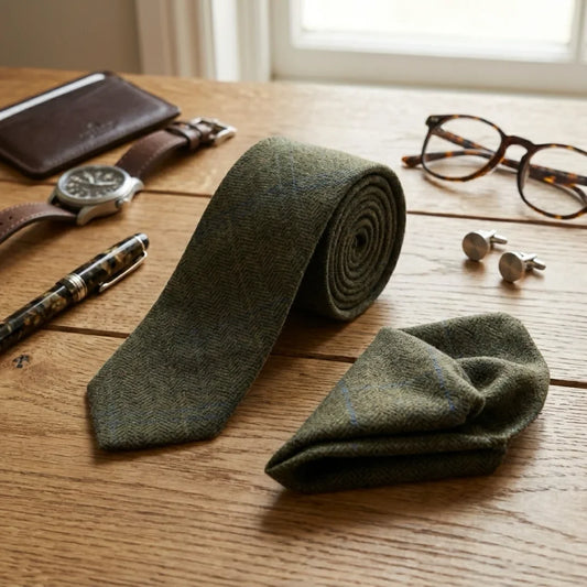 Men's Wool Blend Herringbone Plaid Tweed Tie