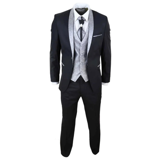 Sal-Yaica - Men's 4 Piece Wedding Suit Groom Shawl Collar Black Silver Cravat