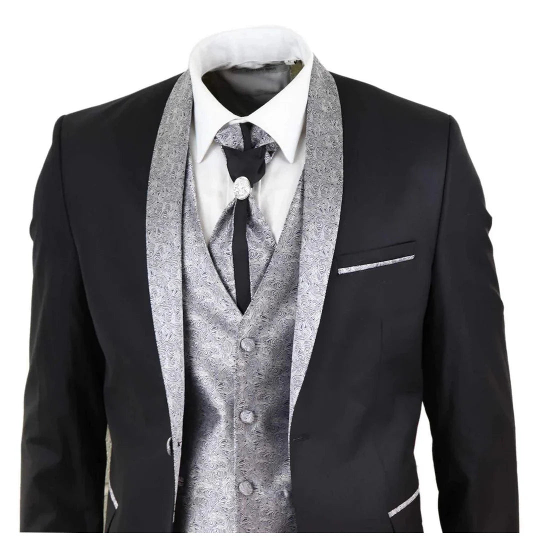 Sal-Yaica - Men's 4 Piece Wedding Suit Groom Shawl Collar Black Silver Cravat