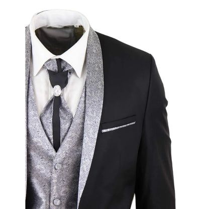 Sal-Yaica - Men's 4 Piece Wedding Suit Groom Shawl Collar Black Silver Cravat