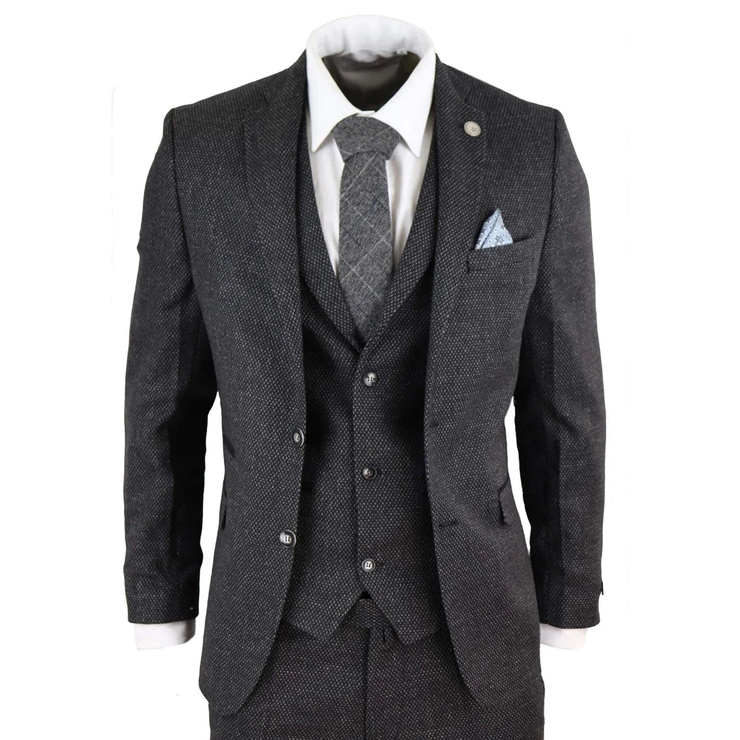 STZ14 - Men's Wool 3 Piece Suit Tweed Charcoal Black Classic