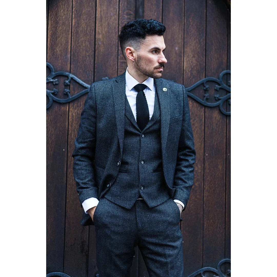 STZ14 - Men's Wool 3 Piece Suit Tweed Charcoal Black Classic