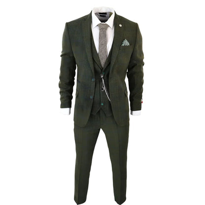 STZ71 - Men's 3 Piece Suit Wool Tweed Green Blue Brown Check 1920s Gatsby Formal Dress Suits