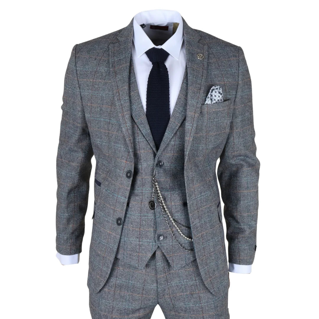 STZ74 - Men's 3 Piece Suit Wool Tweed Light Blue Grey Check