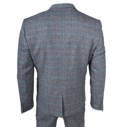STZ74 - Men's 3 Piece Suit Wool Tweed Light Blue Grey Check