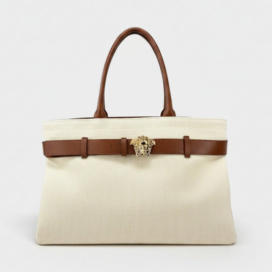Medusa Head Large Canvas Belt Tote Bag Beige