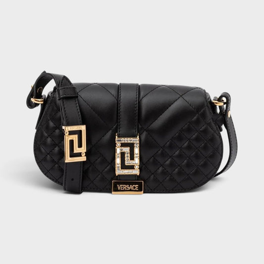 Greca Leather Quilted Shoulder Strap Bag Black