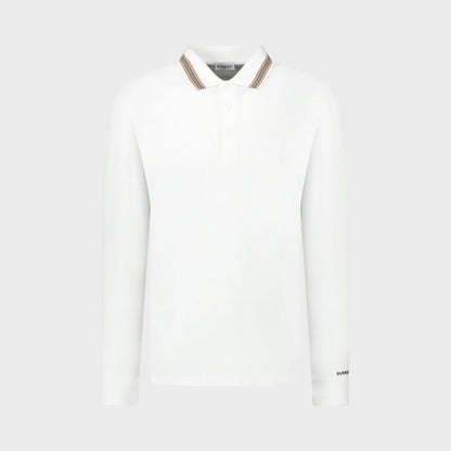 Hartford Stripe Checked Long Sleeve Polo White