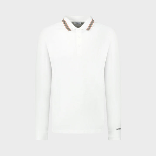 Hartford Stripe Checked Long Sleeve Polo White