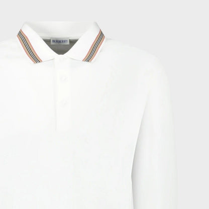 Hartford Stripe Checked Long Sleeve Polo White