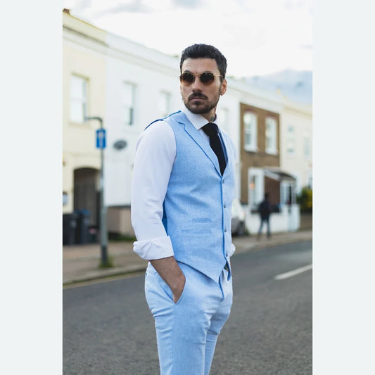 TP-13 - Men's Summer Suit Waistcoat Trousers Linen Formal Baby Blue Wedding