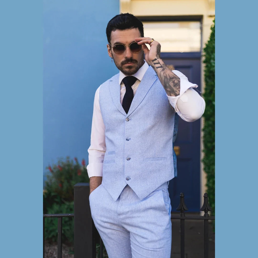 TP-13 - Men's Summer Suit Waistcoat Trousers Linen Formal Baby Blue Wedding