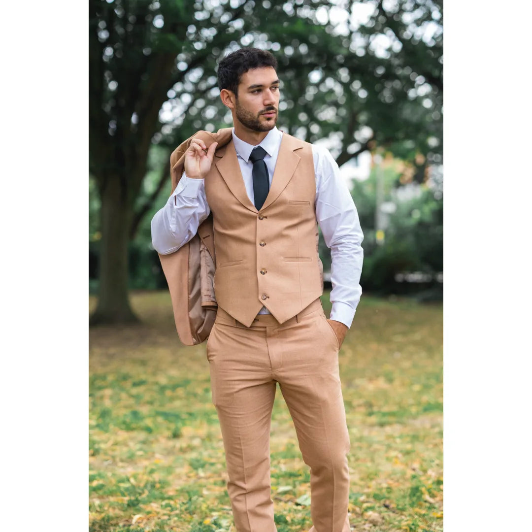 TP-23 - Men's Camel 3 Piece Linen Summer Wedding Suit