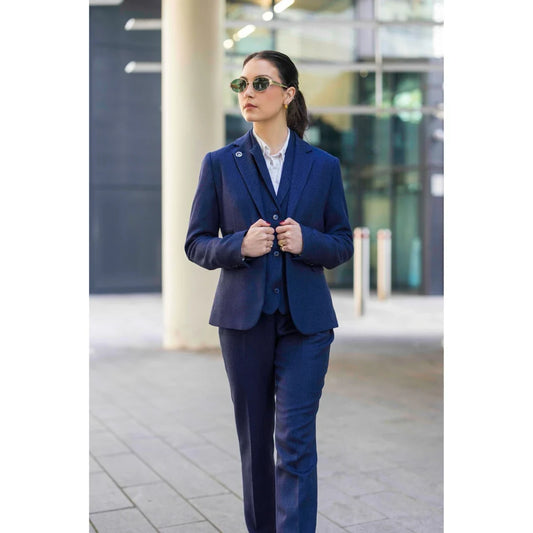 TPW-AK-04 - Women's Navy 3 Piece Herringbone Tweed Suit