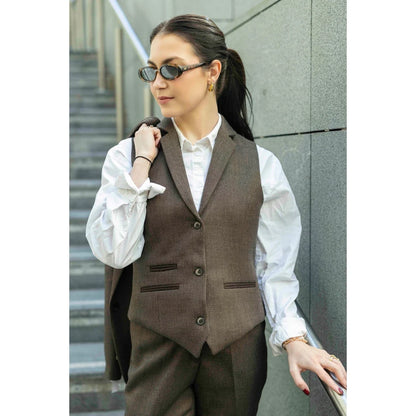 TPW-AK-06 - Women's Brown 3 Piece Herringbone Tweed Suit