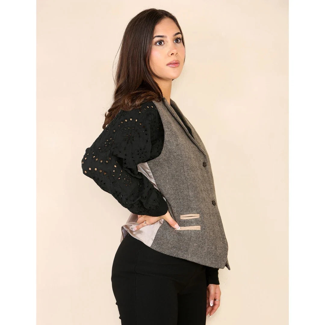 Women's Herringbone Tweed Waistcoat Blazer Oak Brown Classic Jacket