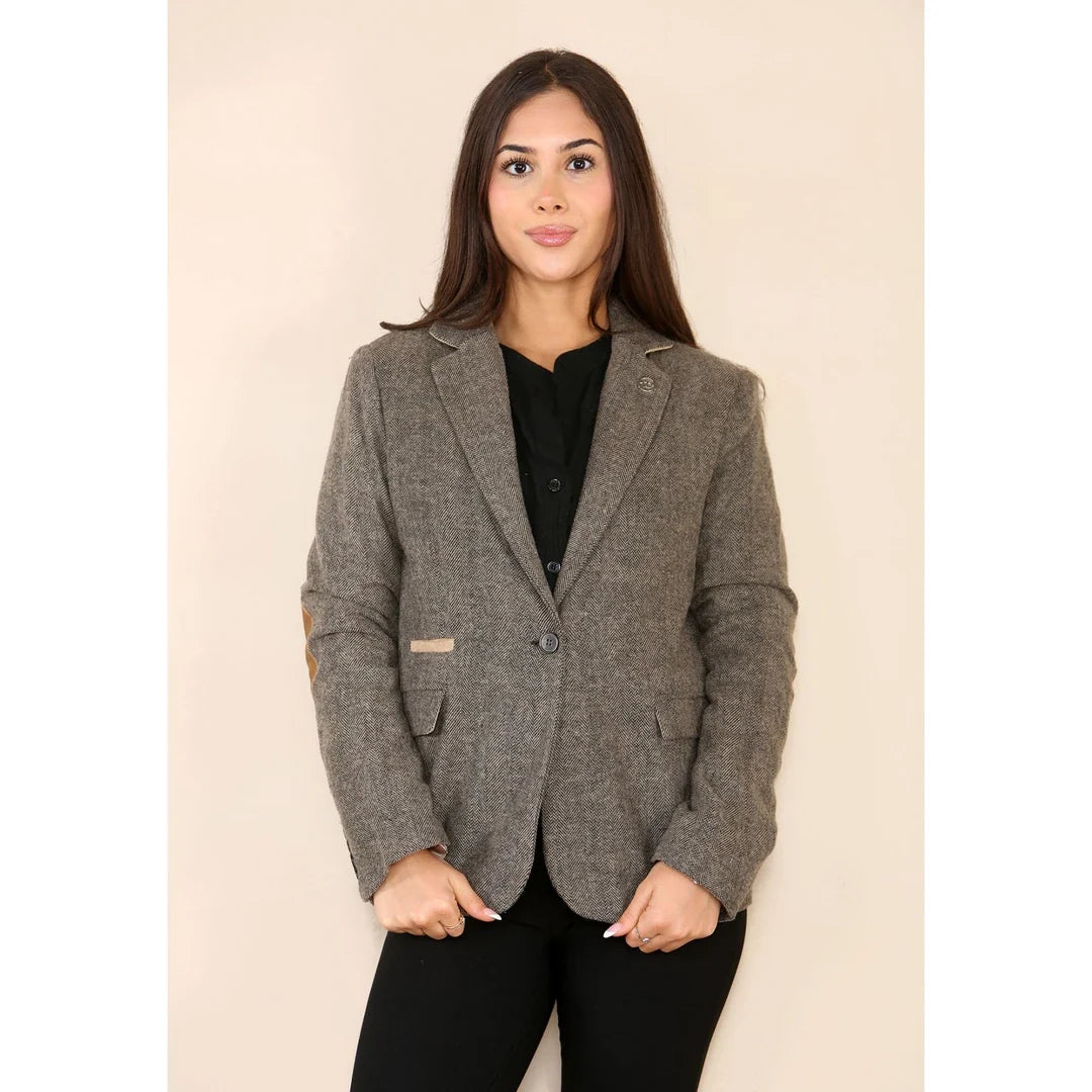 Women's Herringbone Tweed Waistcoat Blazer Oak Brown Classic Jacket