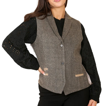 Women's Herringbone Tweed Waistcoat Blazer Oak Brown Classic Jacket