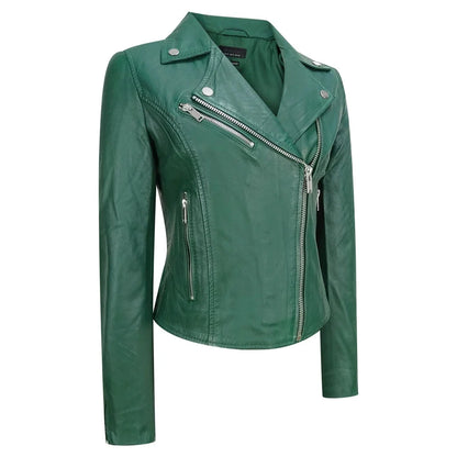 Women's Leather Biker Jacket Cross Zip Tan Brown Black Red Yellow