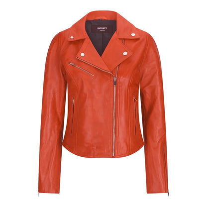 Women's Leather Biker Jacket Cross Zip Tan Brown Black Red Yellow