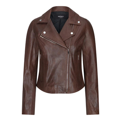 Women's Leather Biker Jacket Cross Zip Tan Brown Black Red Yellow