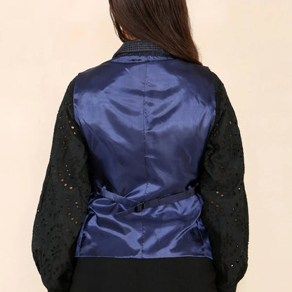 Women's Tweed Check Waistcoat Blazer Blue Suit