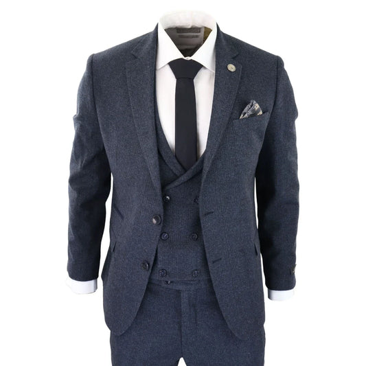 WS25 - Men's 3 Piece Tweed Suit Blue Double Breasted Waistcoat