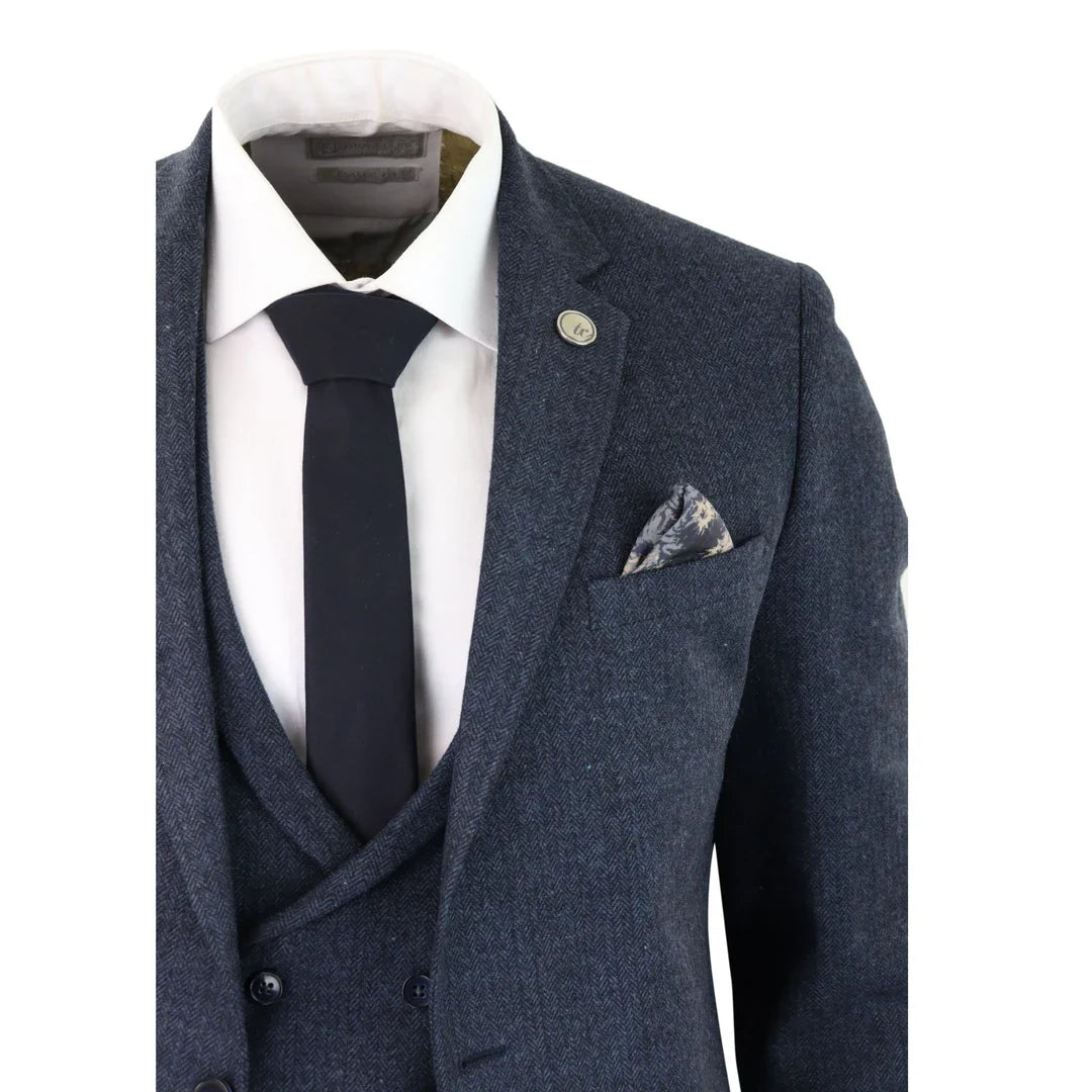 WS25 - Men's 3 Piece Tweed Suit Blue Double Breasted Waistcoat